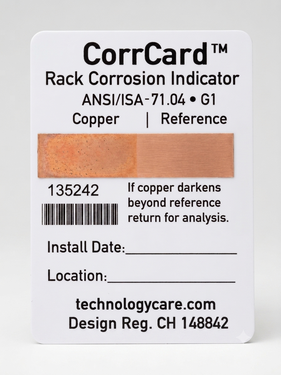 CorrCard rack corrosion indicator — copper element beside a sealed copper reference