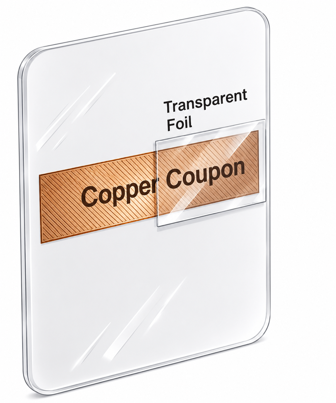Copper coupon with exposed and sealed reference zones under transparent foil
