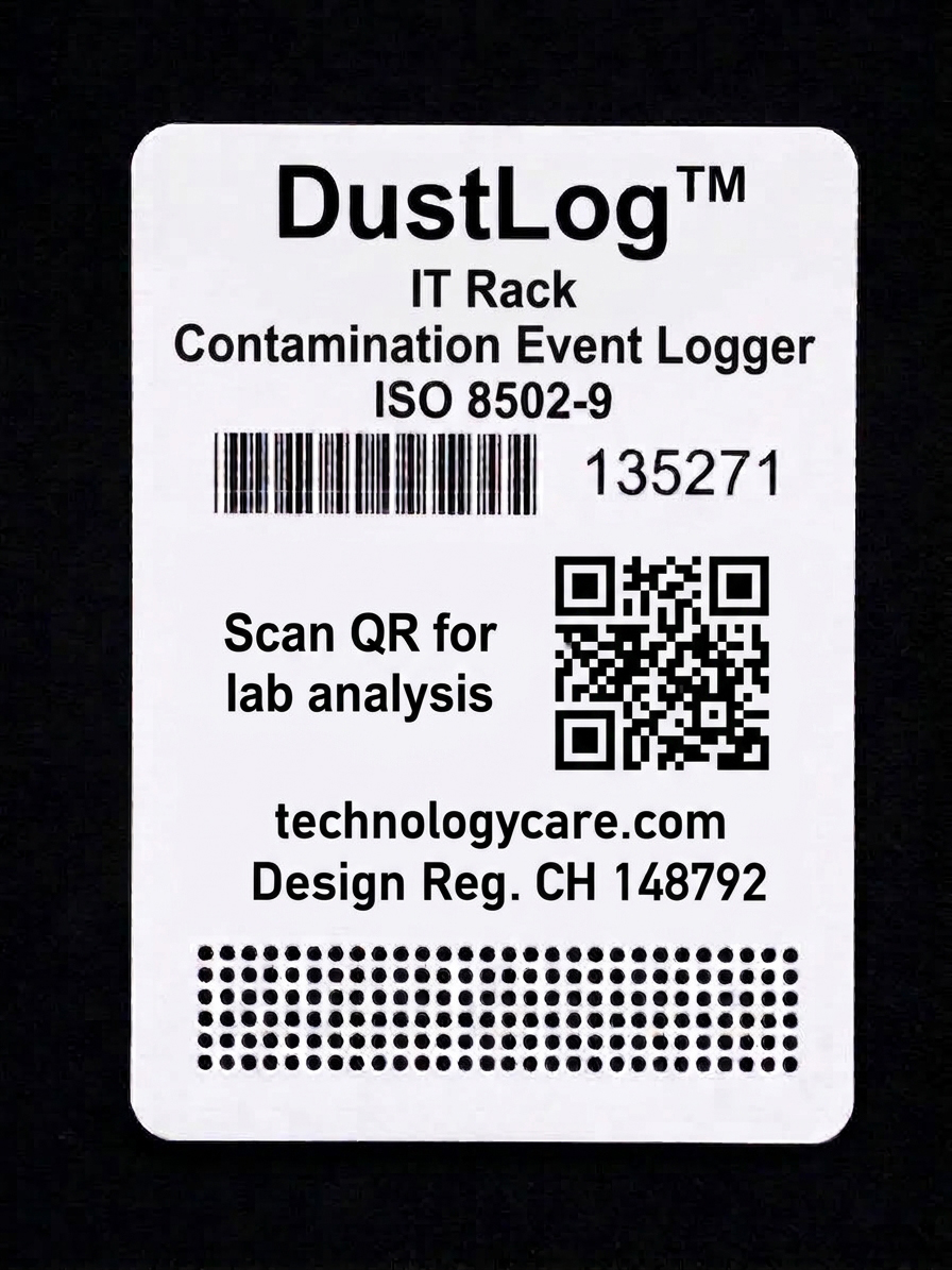 DustLog contamination event logger card for mounting at an IT rack