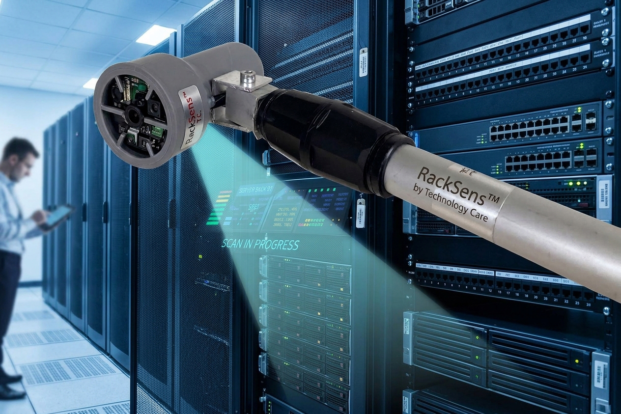 RackSens linear scanning probe sweeping thermal, humidity and e-nose diagnostics across a data center rack row