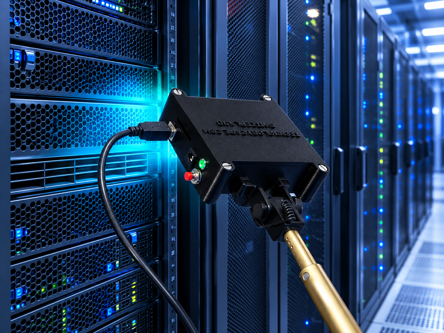 RackSens linear scanning probe sweeping thermal, humidity and e-nose diagnostics across a data center rack row